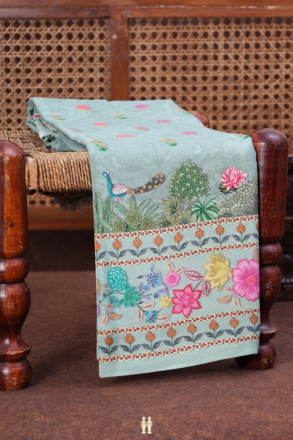 Crepe Saree In Greenish Grey With Floral Buttas