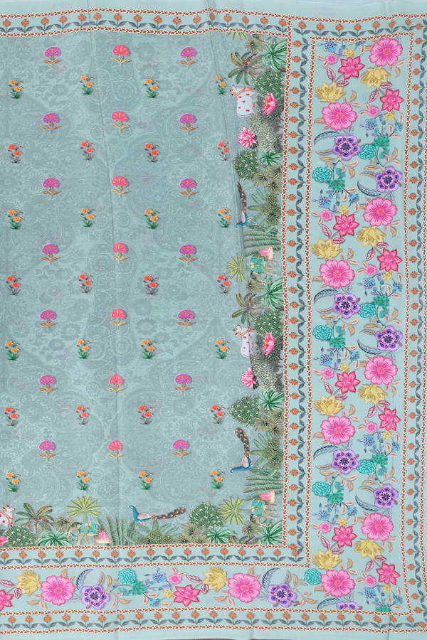 Crepe Saree In Greenish Grey With Floral Buttas