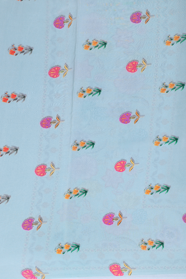 Crepe Saree In Greenish Grey With Floral Buttas