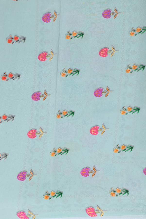 Crepe Saree In Greenish Grey With Floral Buttas