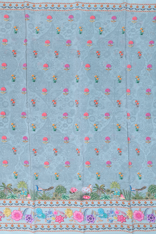 Crepe Saree In Greenish Grey With Floral Buttas