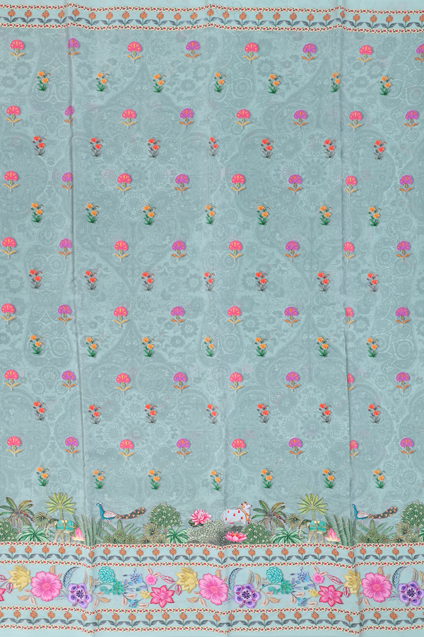 Crepe Saree In Greenish Grey With Floral Buttas