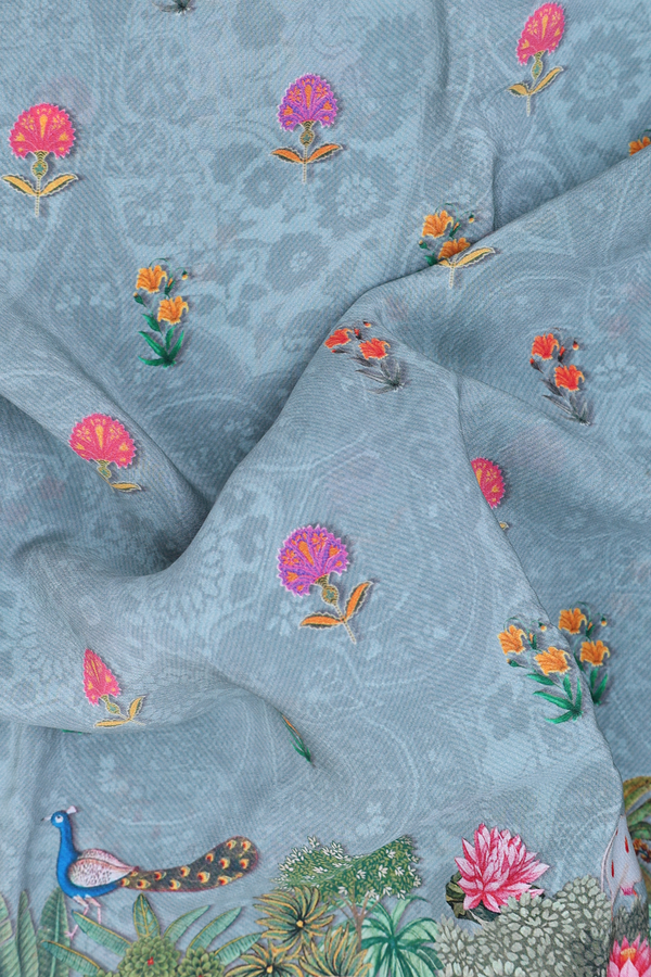 Crepe Saree In Greenish Grey With Floral Buttas