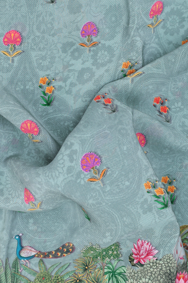 Crepe Saree In Greenish Grey With Floral Buttas