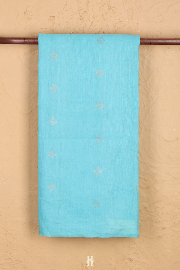 Linen Saree In Sky Blue With Floral Buttas