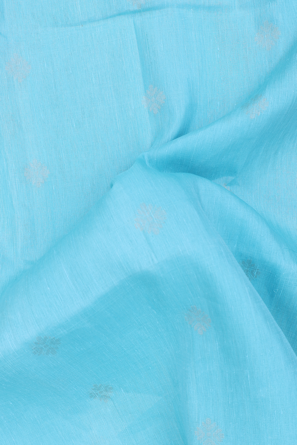 Linen Saree In Sky Blue With Floral Buttas