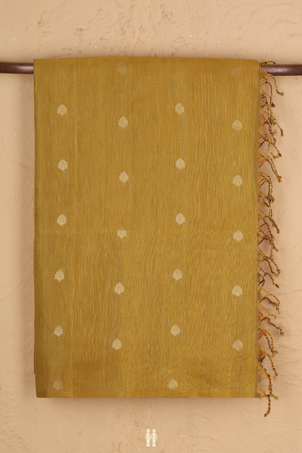 Linen Saree In Golden Brown With Zari Buttas