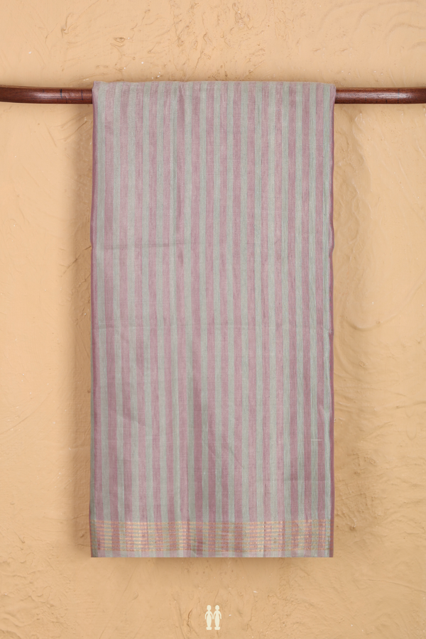 Linen Saree In Green And Purple With Stripes Design