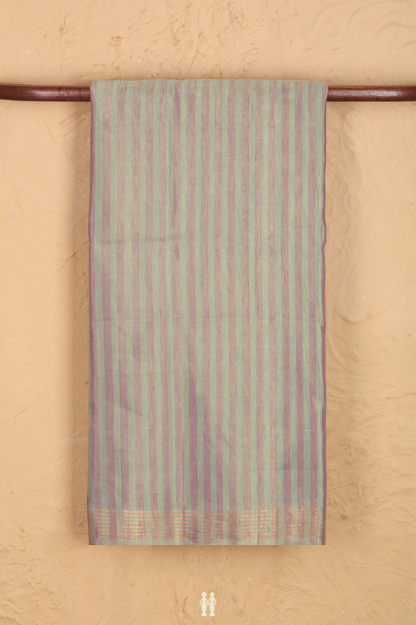 Linen Saree In Green And Purple With Stripes Design