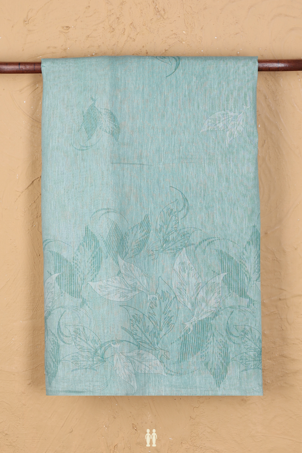 Linen Saree In Turkish Blue With Leaf Design