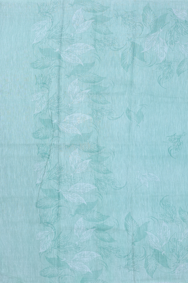 Linen Saree In Turkish Blue With Leaf Design