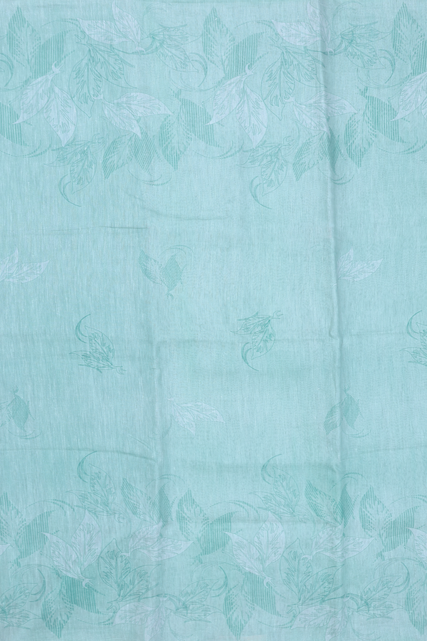 Linen Saree In Turkish Blue With Leaf Design