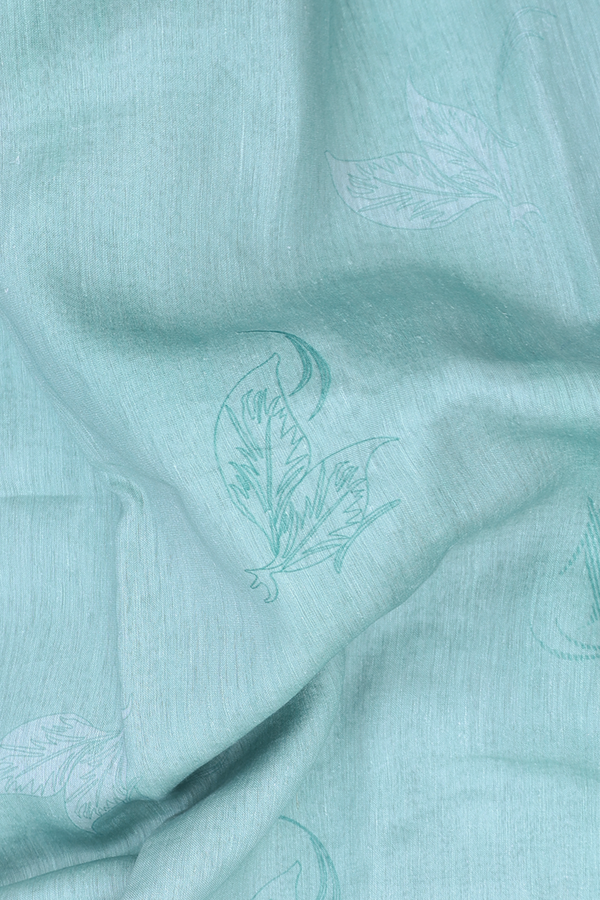 Linen Saree In Turkish Blue With Leaf Design
