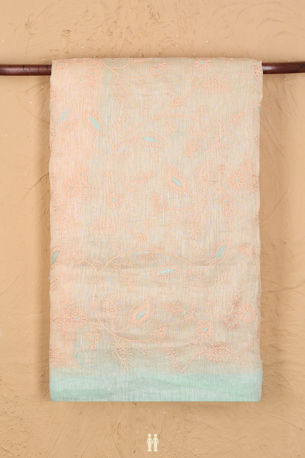 Linen Saree In Light Orange With Floral Embroidered Design