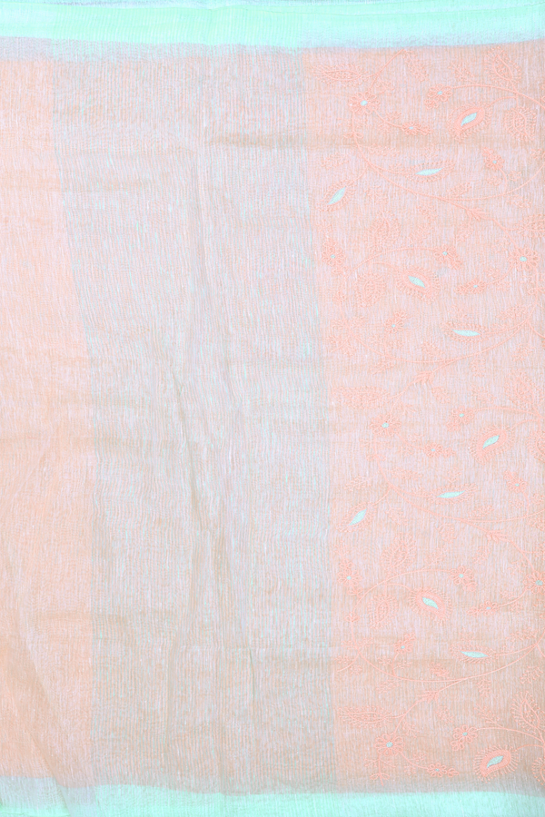 Linen Saree In Light Orange With Floral Embroidered Design