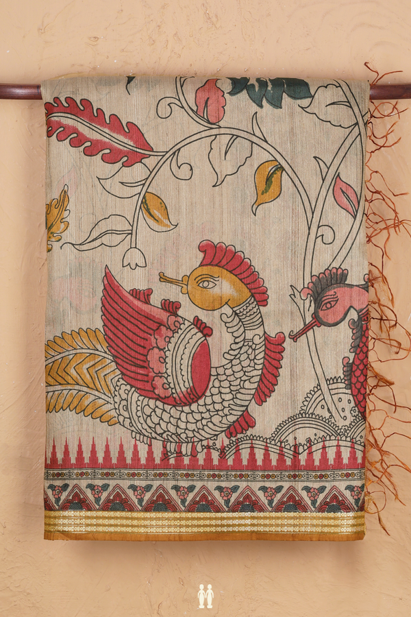 Tussar Silk Saree In Light Brown With Hand Painted Design