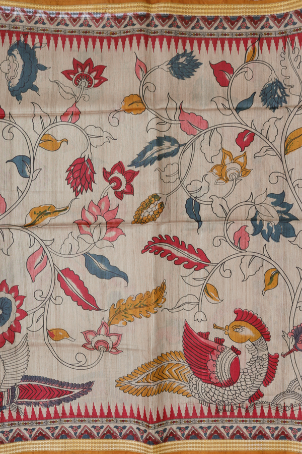 Tussar Silk Saree In Light Brown With Hand Painted Design