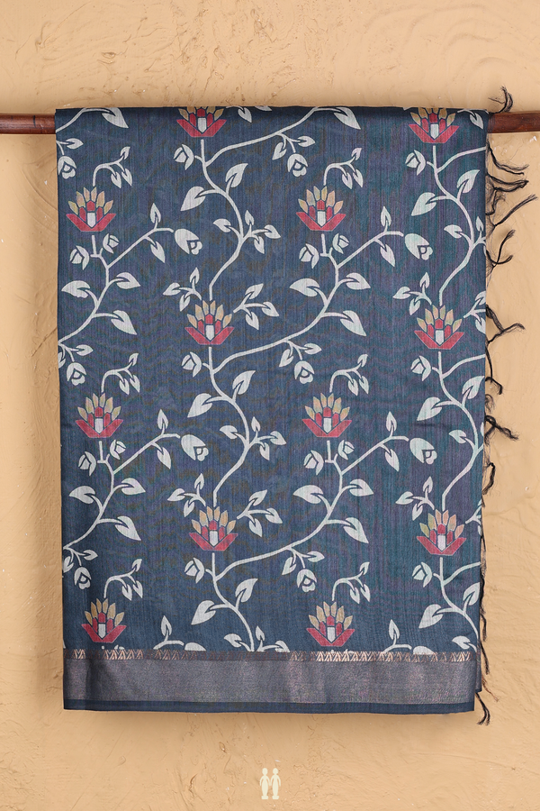 Tussar Silk Saree In Prussian Blue With Floral Design