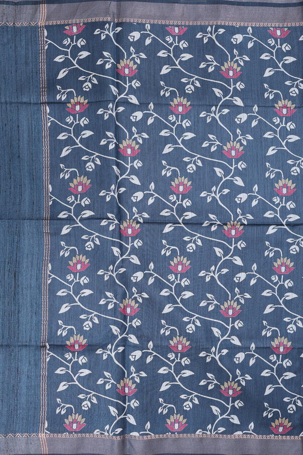 Tussar Silk Saree In Prussian Blue With Floral Design