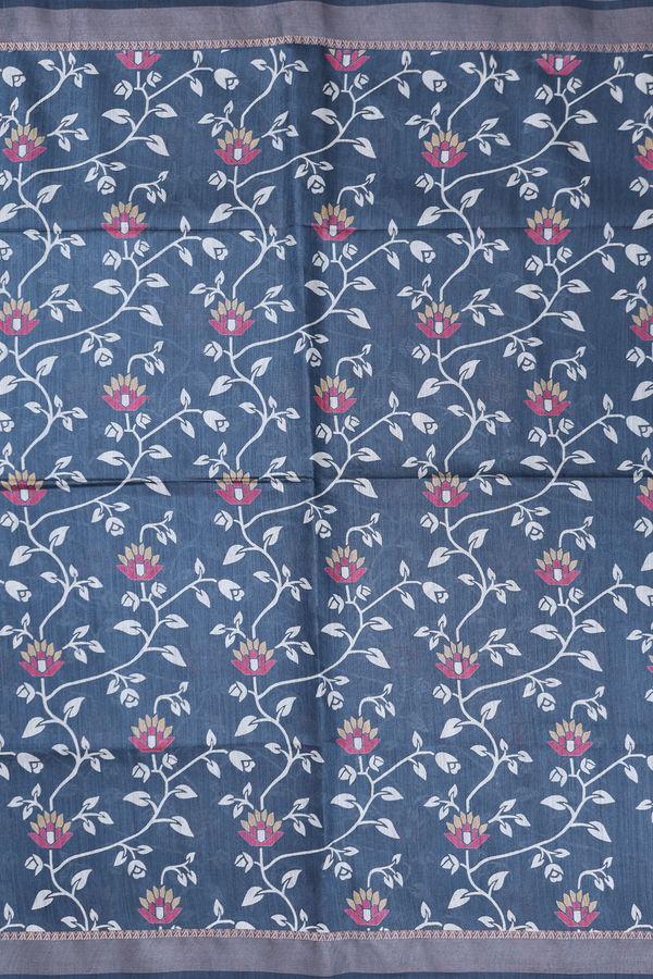 Tussar Silk Saree In Prussian Blue With Floral Design