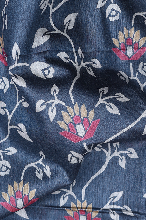 Tussar Silk Saree In Prussian Blue With Floral Design