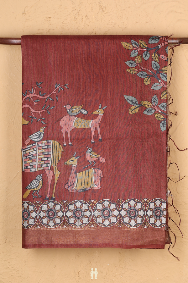 Tussar Madhubani Silk Saree In Rust Red With Deer Design