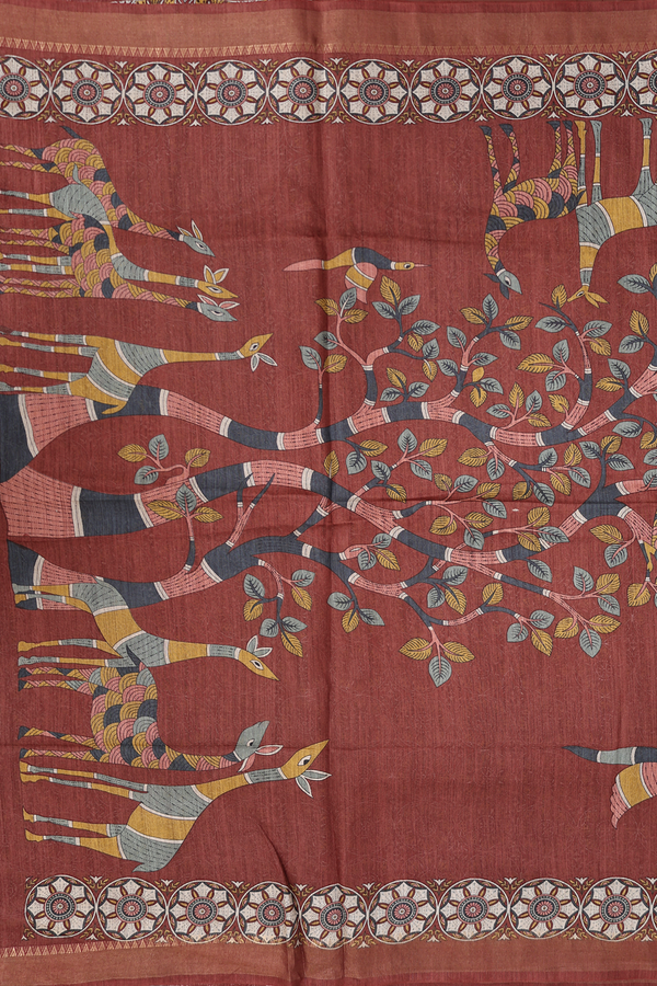 Tussar Madhubani Silk Saree In Rust Red With Deer Design