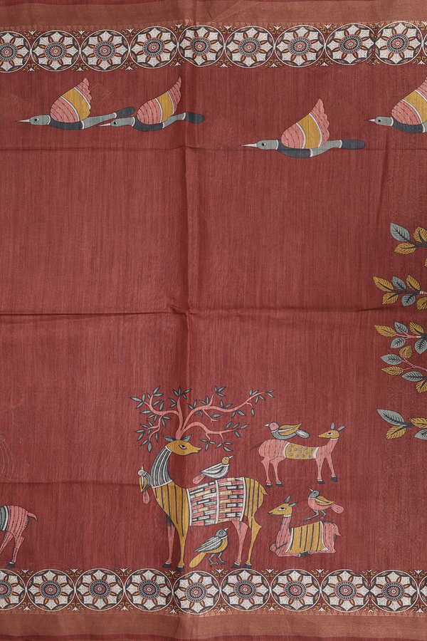 Tussar Madhubani Silk Saree In Rust Red With Deer Design