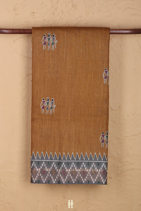 Tussar Silk Saree In Golden Brown With Warli Design