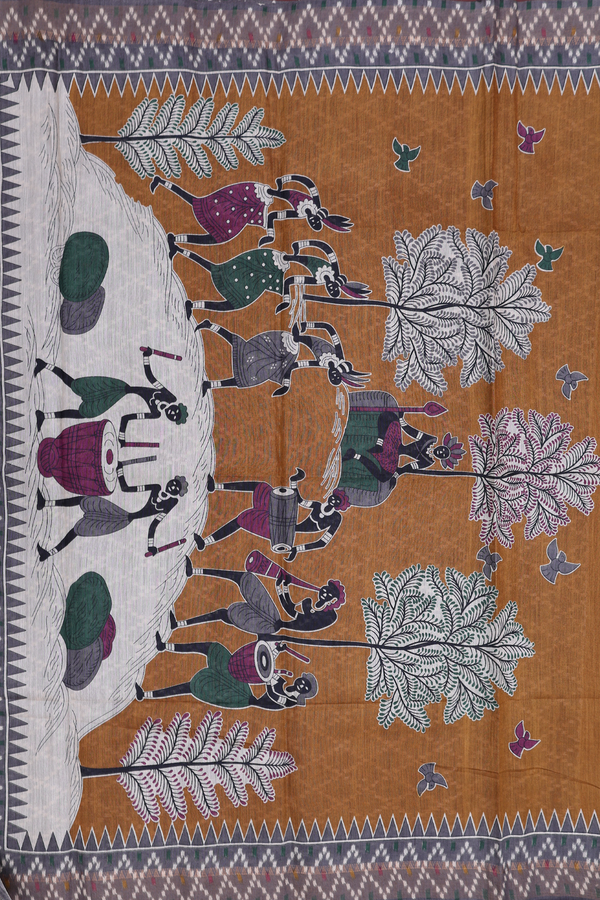 Tussar Silk Saree In Golden Brown With Warli Design