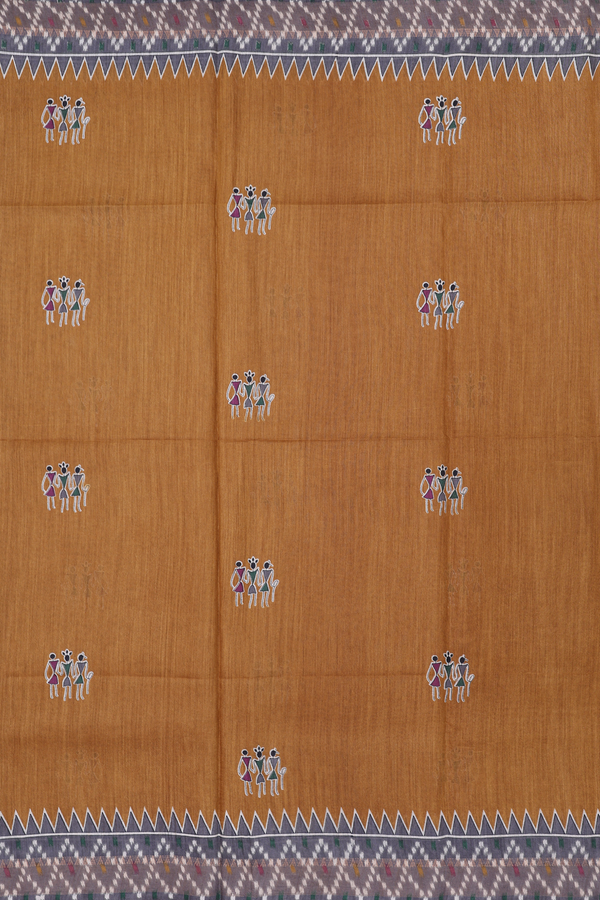 Tussar Silk Saree In Golden Brown With Warli Design