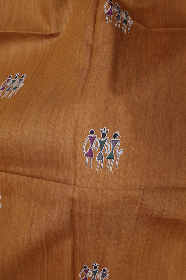Tussar Silk Saree In Golden Brown With Warli Design