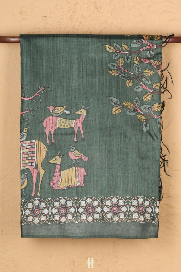 Tussar Madhubani Silk Saree In Green With Printed  Design