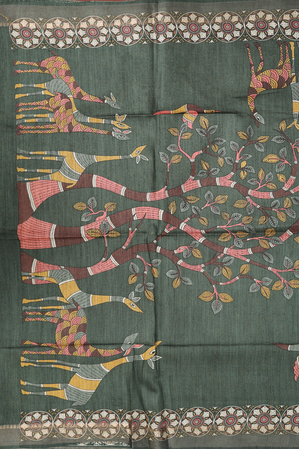 Tussar Madhubani Silk Saree In Green With Printed  Design