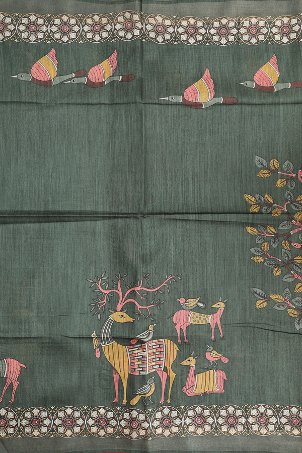 Tussar Madhubani Silk Saree In Green With Printed  Design