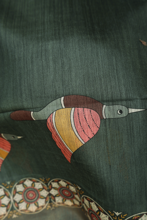 Tussar Madhubani Silk Saree In Green With Printed  Design