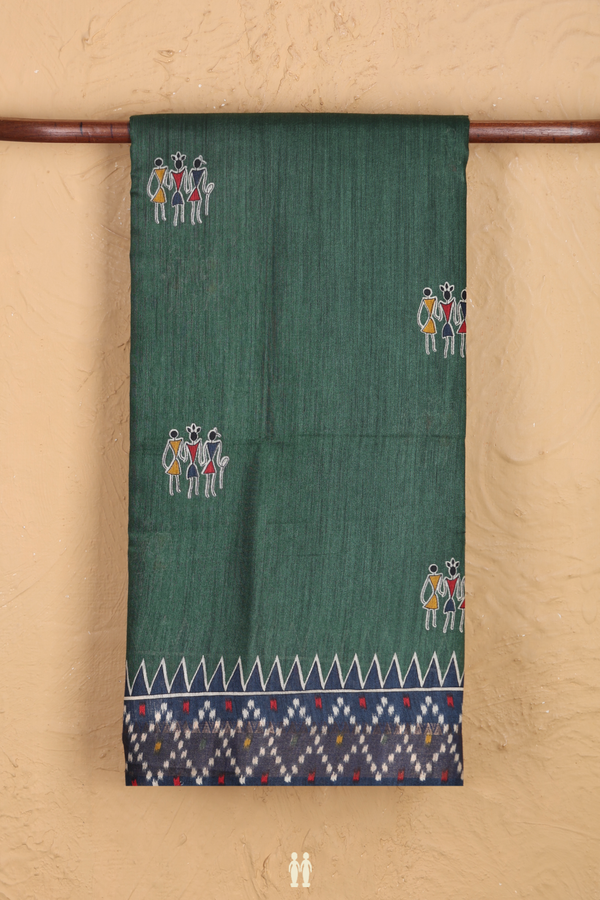 Tussar Silk Saree In Forest Green With Warli Motifs
