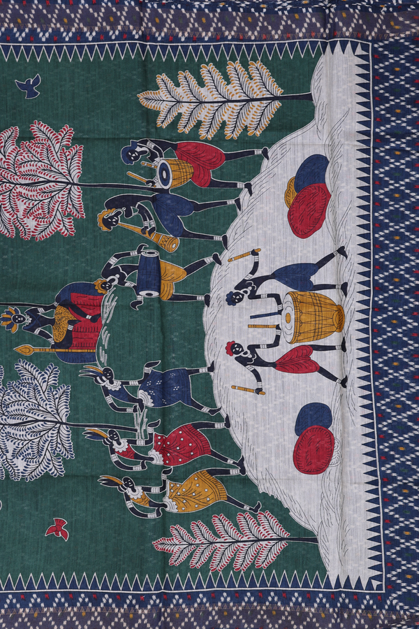 Tussar Silk Saree In Forest Green With Warli Motifs
