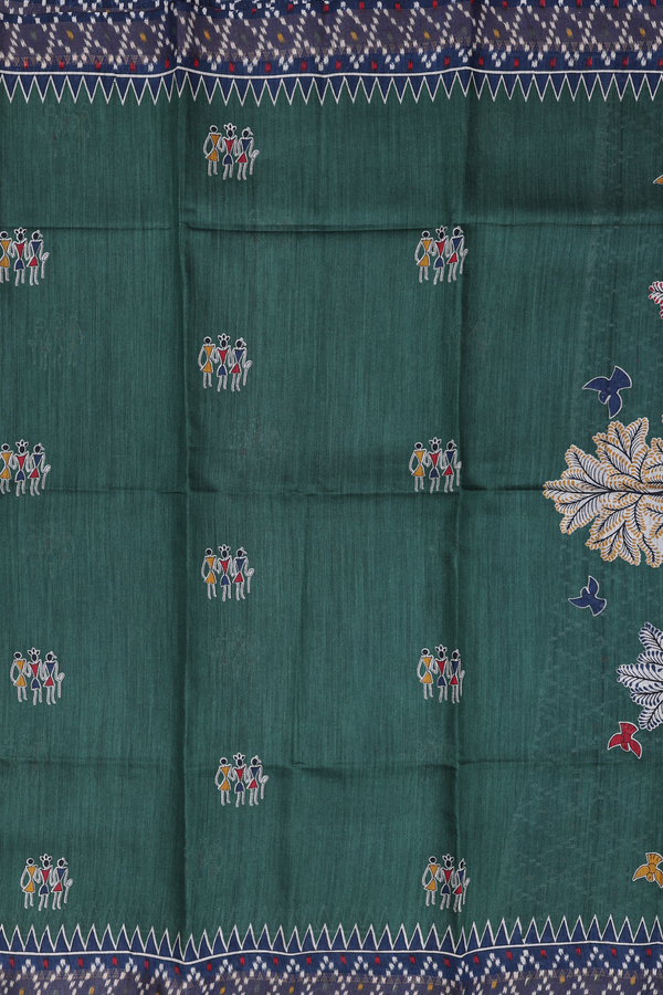 Tussar Silk Saree In Forest Green With Warli Motifs