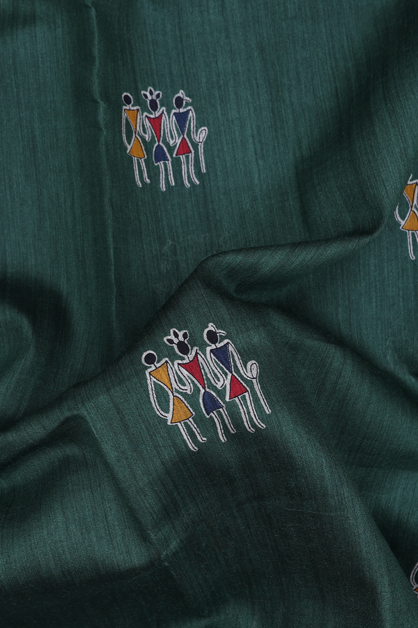 Tussar Silk Saree In Forest Green With Warli Motifs