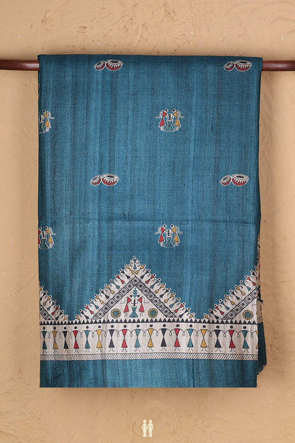 Tussar Madhubani Silk Saree In Blue With Warli Design