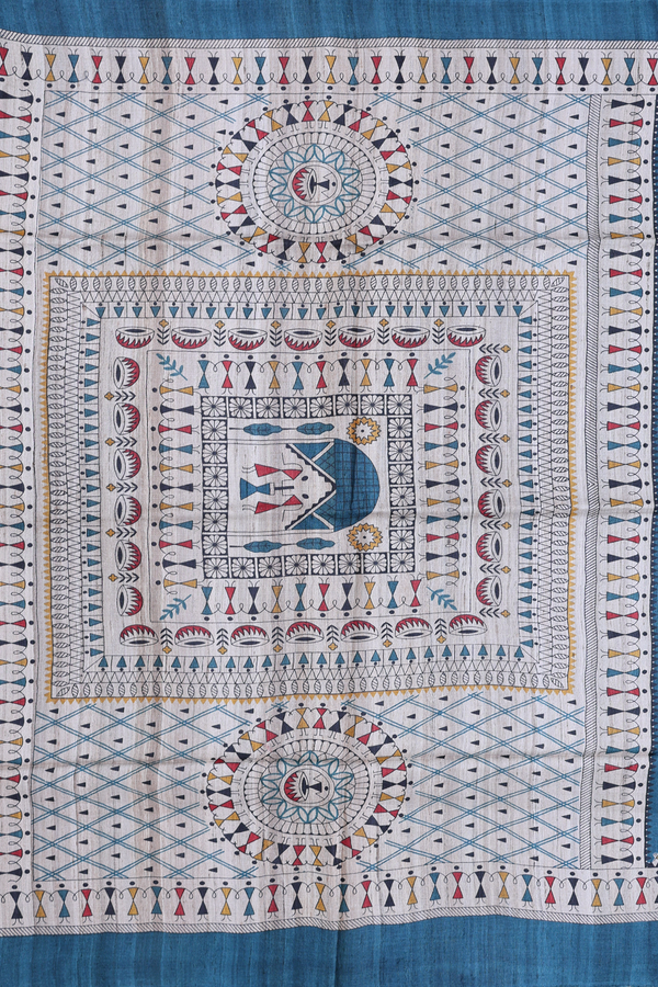 Tussar Madhubani Silk Saree In Blue With Warli Design