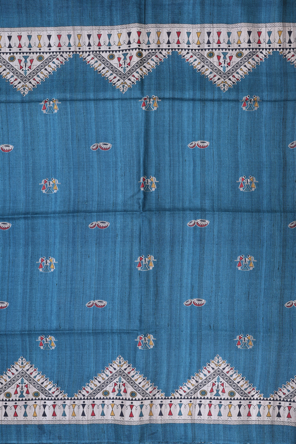 Tussar Madhubani Silk Saree In Blue With Warli Design