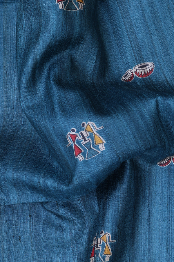 Tussar Madhubani Silk Saree In Blue With Warli Design