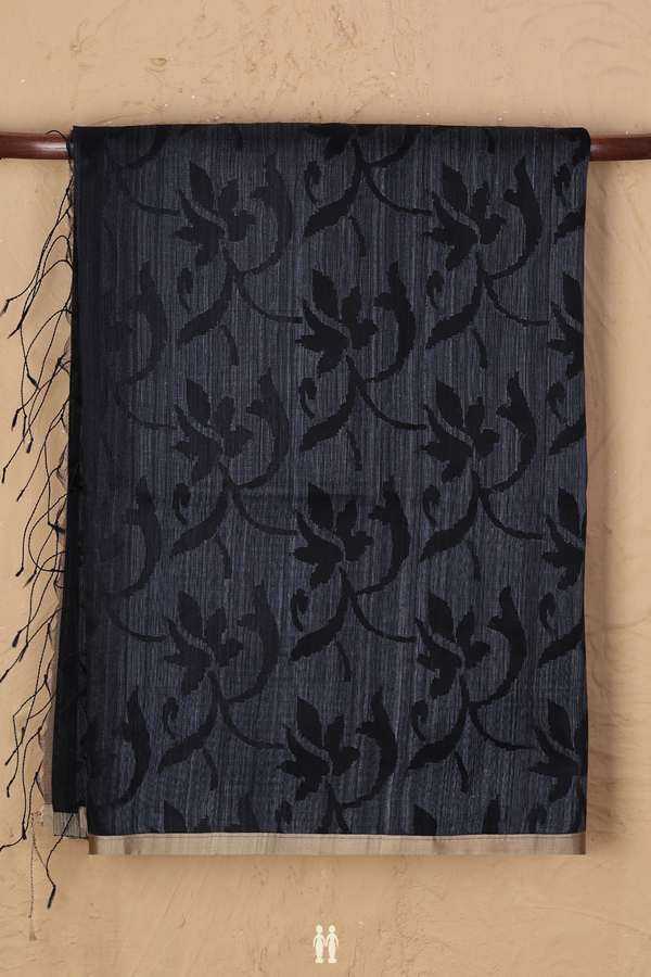 Bailu Silk Saree In Charcoal Grey With Leaf Design