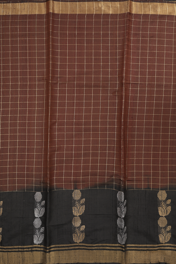 Jute Saree In Chocolate Brown With Checks Design
