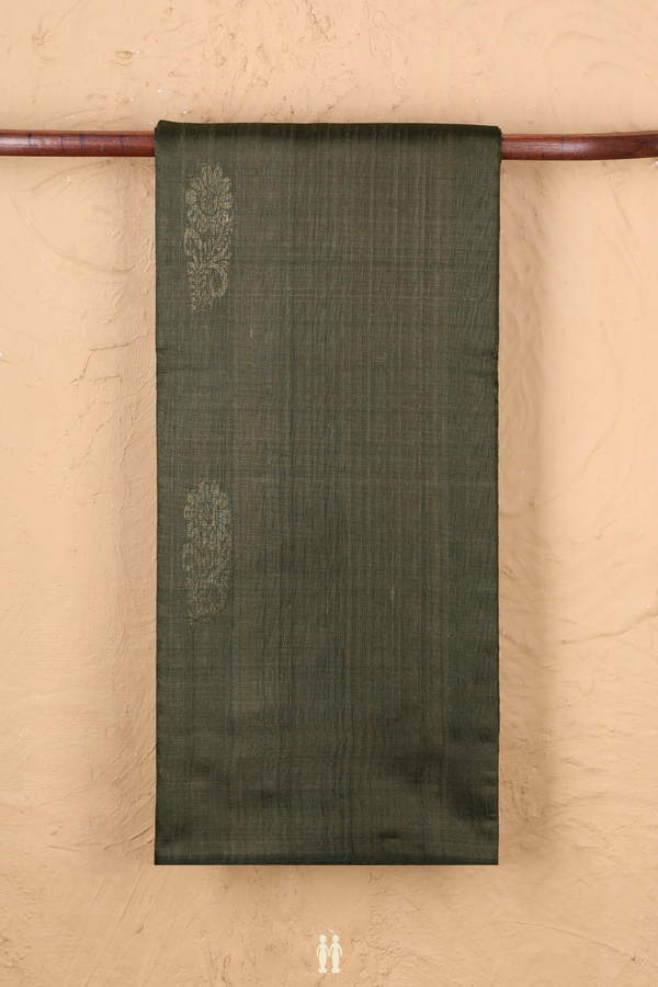 Jute Saree In Olive Green With Floral Motifs