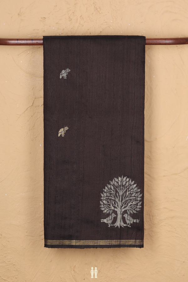 Jute Saree In Dark Brown With Birds Buttas