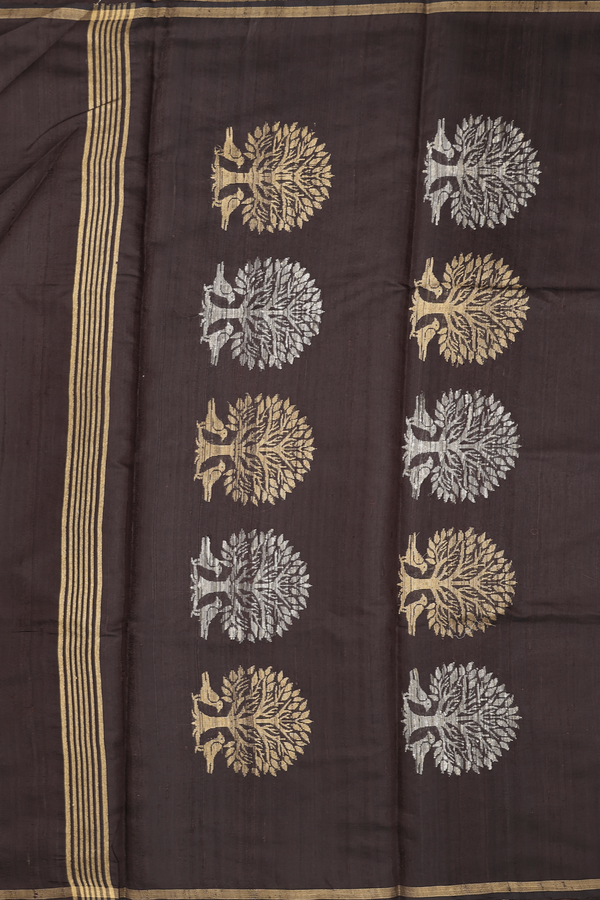 Jute Saree In Dark Brown With Birds Buttas