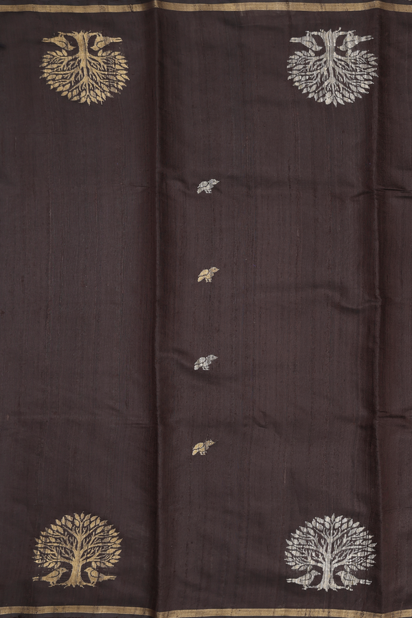 Jute Saree In Dark Brown With Birds Buttas